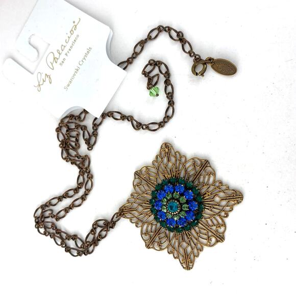 VTG Liz Palacios Filigree Floral Pendant Necklace Blue Green Swarovski Crystals - Picture 5 of 5